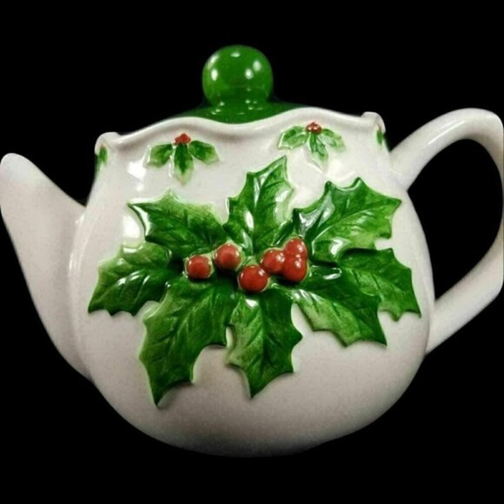 Otagiri Teapot Mary Ann Baker Christmas Holly Berries Embossed Handpainted Vtg